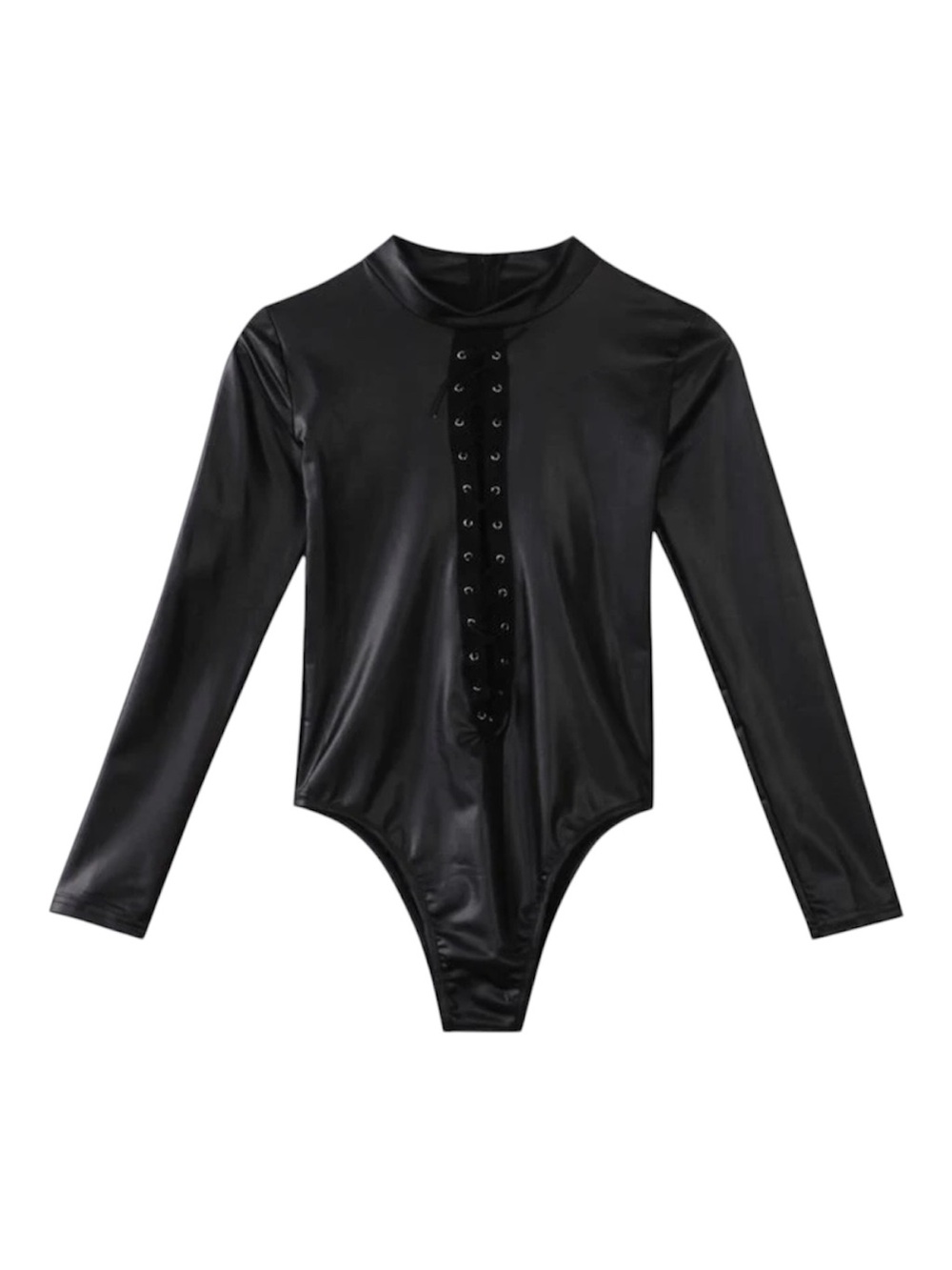 Black Long-Sleeve Lace-Up Faux Leather Bodysuit